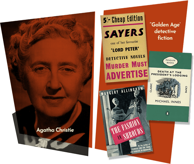 Photograph of Agatha Christie alongside several "Golden Age" detective fiction books