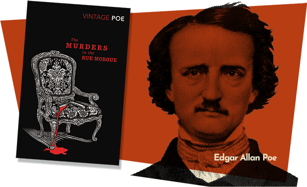 Image of Edgar Allan Poe alongside his book "The Murders in the Rue Morgue"