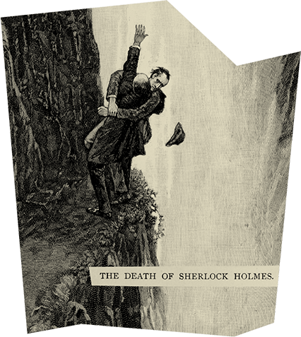 Illustration showing the apparent death of Sherlock Holmes as he falls from a waterfall