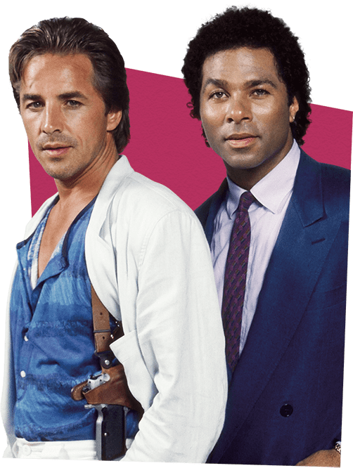 Image of Don Johnson as Detective James “Sonny” Crockett and Philip Michael Thomas as Detective Ricardo “Rico” Tubbs