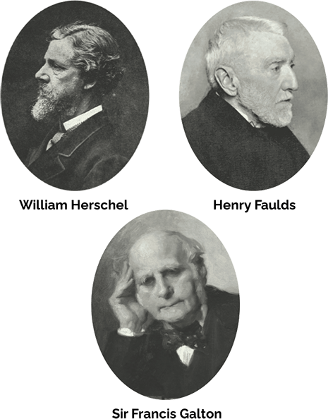 Photographs of William Herschel, Henry Faulds and Sir Francis Galton